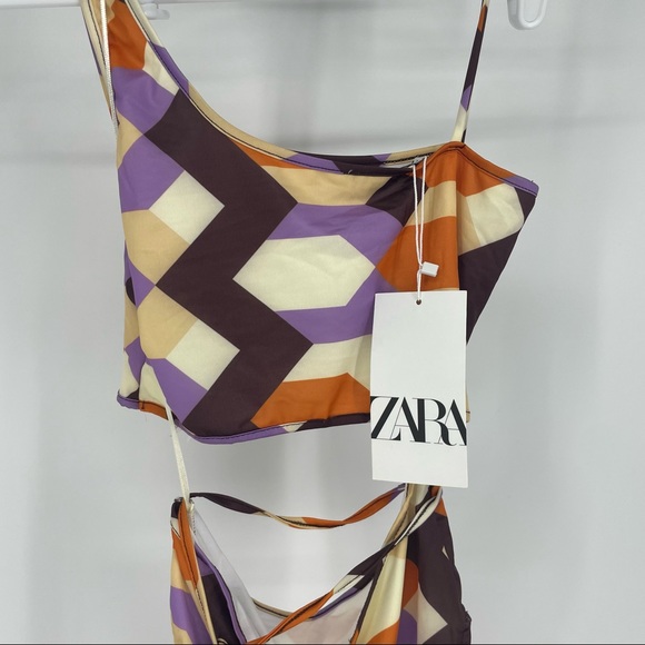 ZARA NWT MULTI COLOR GEOMETRIC PRINT BODYSUIT ORANGE PURPLE SMALL ONE PIECE - Picture 8 of 13